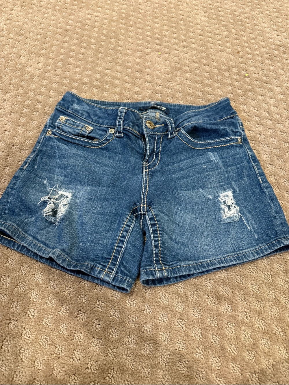 Seven7 Distressed Dark Blue Denim Jean Shorts